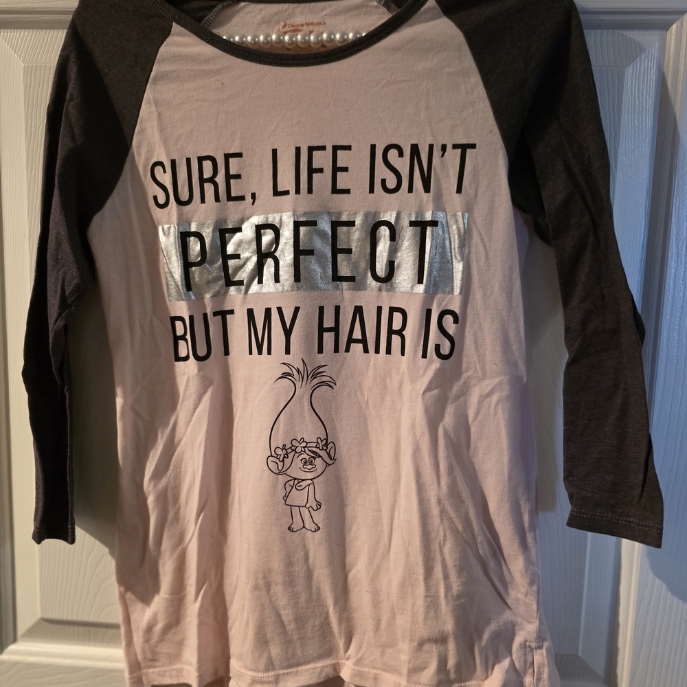 Trolls Pink and Black Long-Sleeve Raglan Top with Silver Metallic Accent
